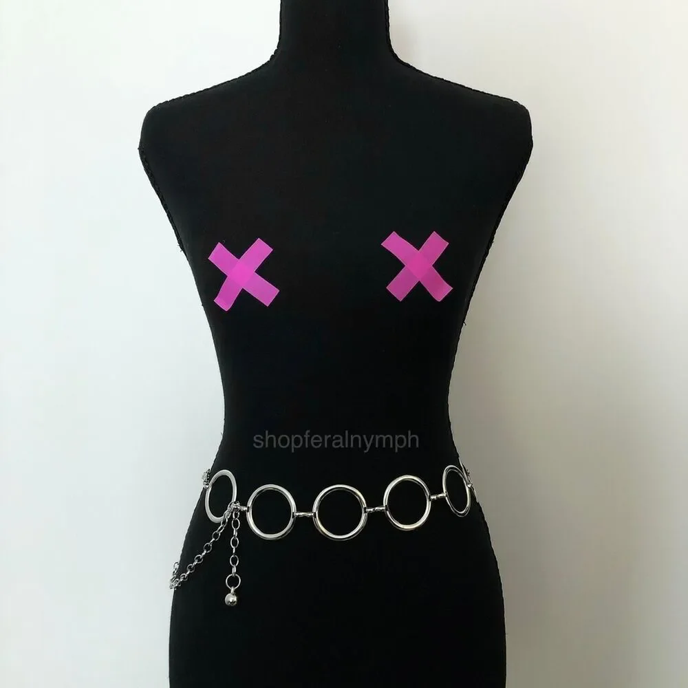 Y2K Minimalist Silver Open Circle Chain Belt, Fits 24.5–42 Inches, X7GA1229